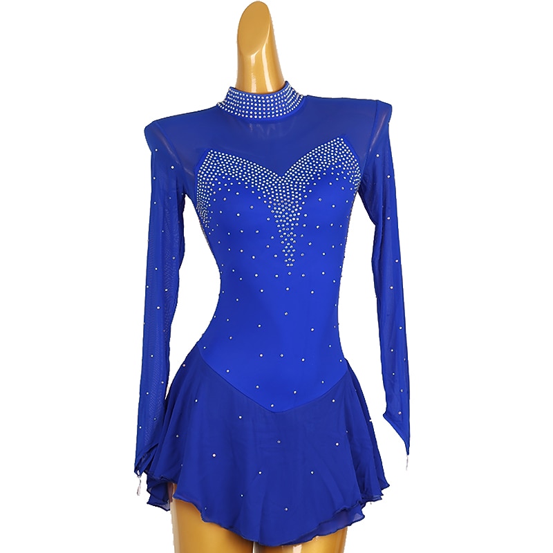 Figure Skating Dress Women's Girls' Ice Skating Dress Red Royal Blue Patchwork Mesh High Elasticity Training Competition Skating Wear Classic Crystal / Rhinestone Long Sleeve Ice Skating Figure