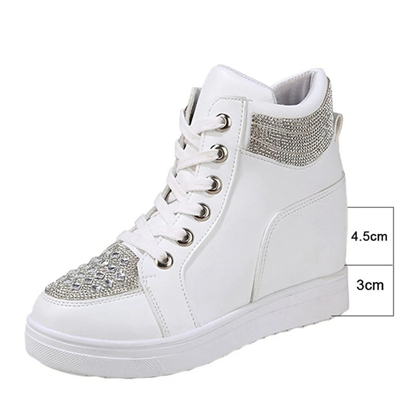 Women's White Rhinestone Wedge Sneakers – Faux Leather High Top Platform Shoes for Casual, Party & Streetwear Fashion4