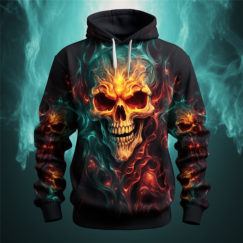Men's Graphic Flame Skulls Hoodie Hoodies Sweatshirt Fashion Daily Long Sleeve Hooded Vacation Sports Outdoor Holiday Red Blue Print Front Pocket Spring &  Fall Designer3
