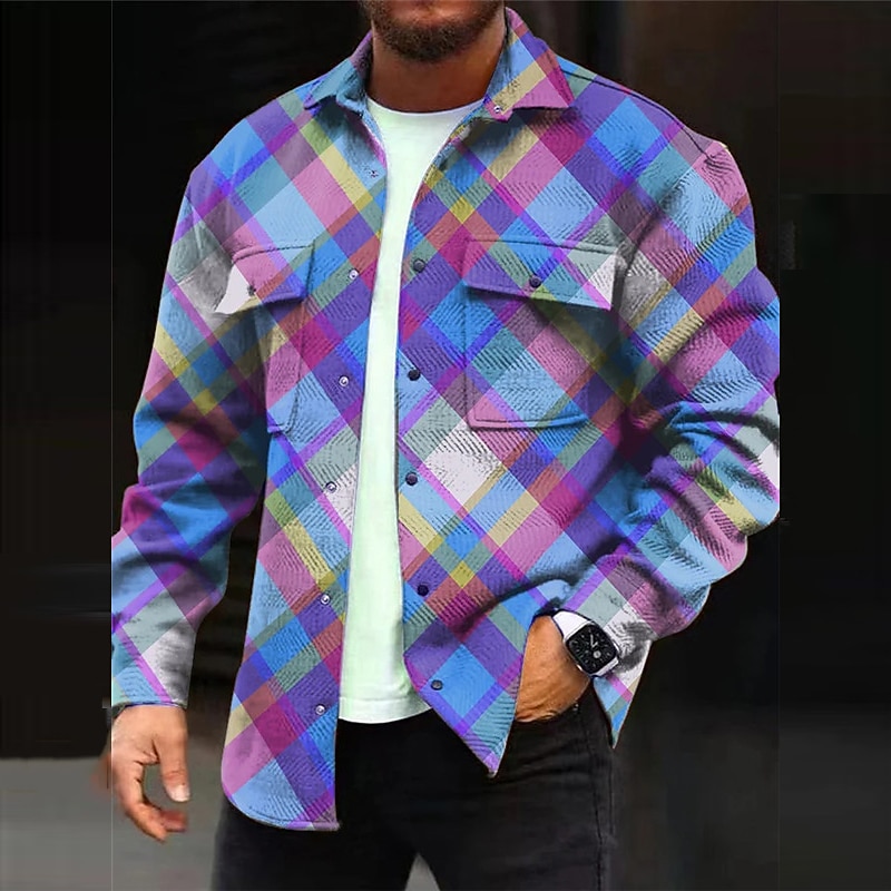 Men's Plaid Geometric Pattern Gradient Ramp Shirt Shirt Jacket Overshirt Long Sleeve Casual Outdoor Street Casual Daily Fall & Winter Turndown Buttons Pocket Print Pink Red Blue Purple Green2