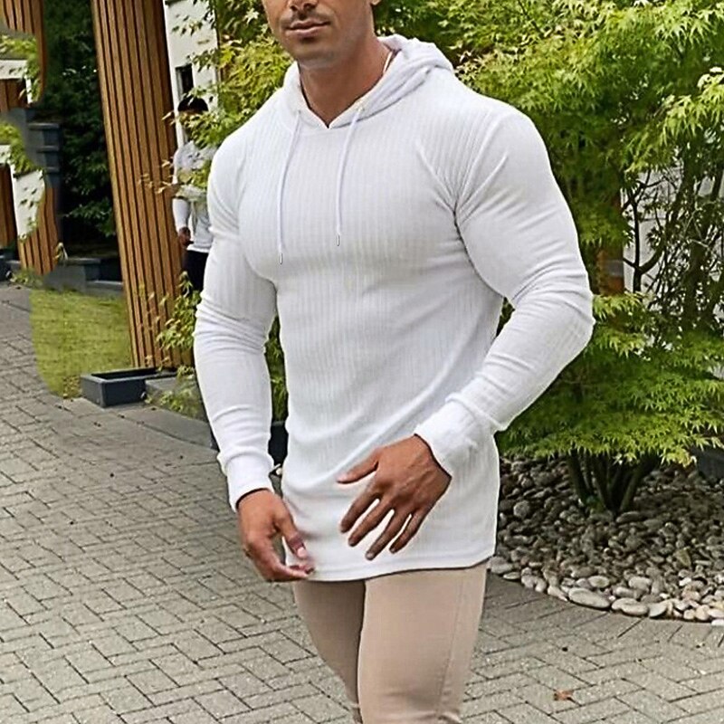 Men's T Shirt Muscle Shirt Ribbed Knit tee Long Sleeve Shirt Long Sleeve Hooded Summer Plain Fashion Streetwear Cool Outdoor Daily Going out Black White Gray Top Tee for Men3