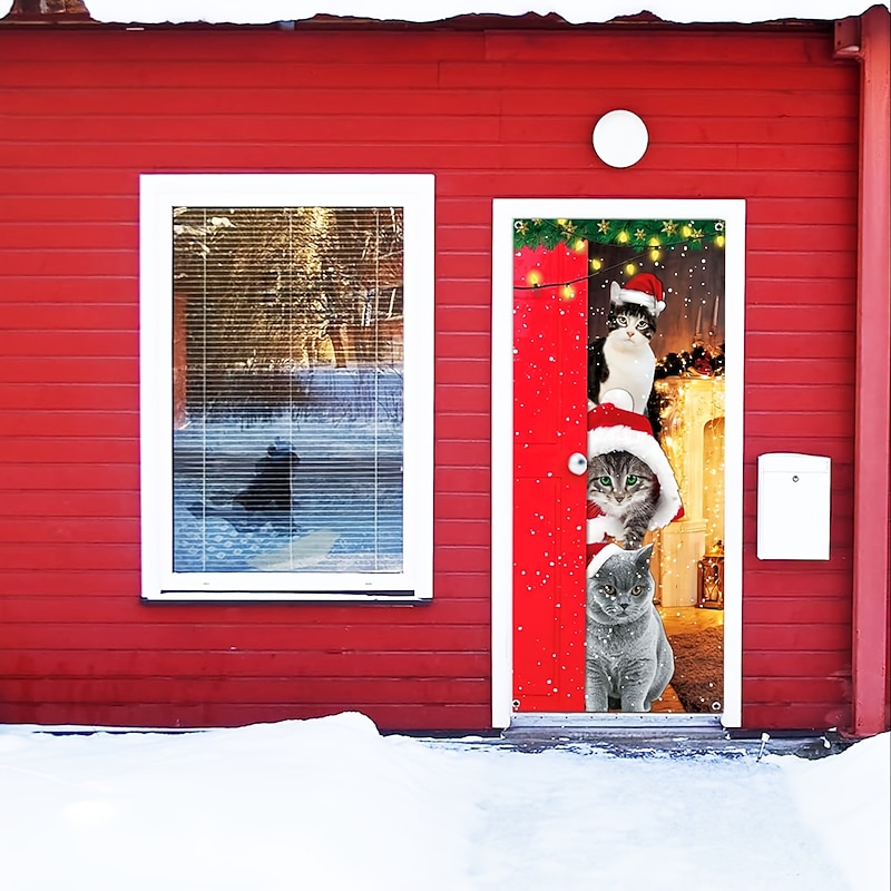 Christmas Door Decorations Cats Door Covers Door Tapestry Door Curtain Decoration Xmas Backdrop Door Banner for Front Door Holiday Party Decor Supplies2