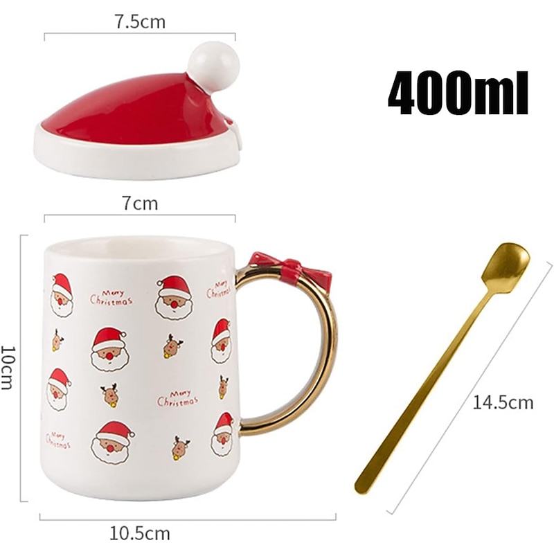 400ml Christmas Ceramic Mug with Christmas Hat Lid and Gold Spoon Creative Water Milk Tea Cup Cute Christmas Gift for Child Kids Coffee Cup2