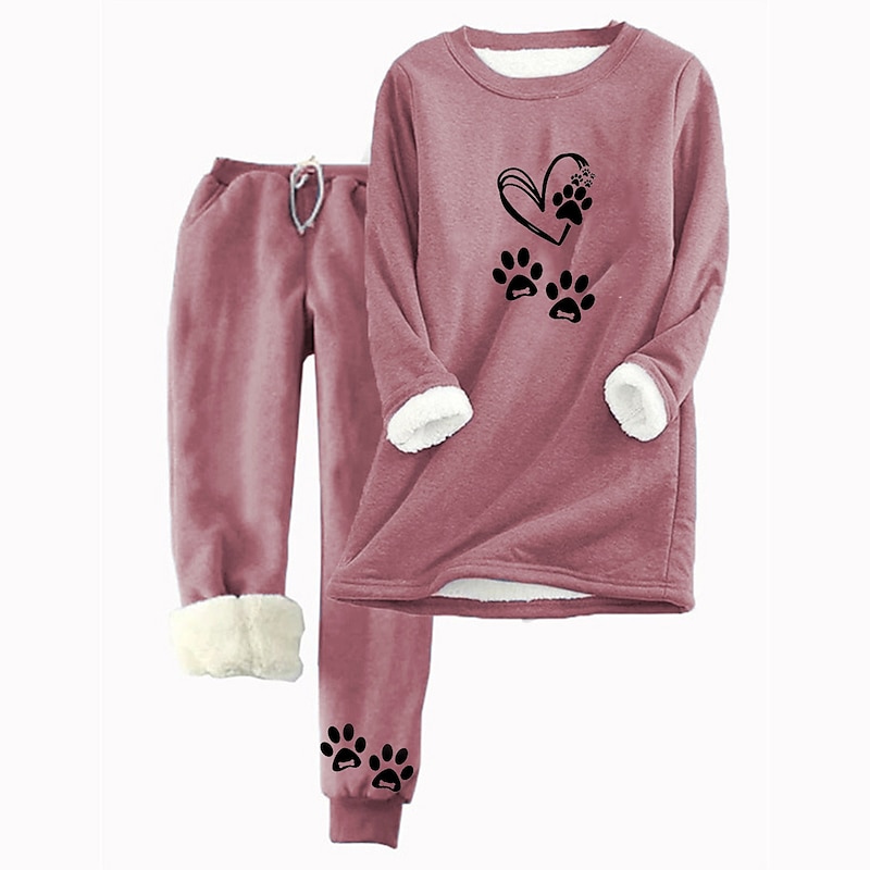 Women's 2 Pieces Sweatshirt Tracksuits Warm Daily Tracksuit Pants Sets Joggers Pants Trousers Long Sleeve Round Neck Cat Letter Drawstring Print Casual Daily Pink Light Grey Gray2