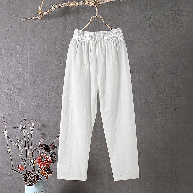 Women's Cotton Linen Pants Slacks Baggy Pants Solid Classic Ankle-Length Mid Waist Pocket Baggy Elastic Drawstring Design Comfort Breathability Soft Micro-elastic Dailywear Casual Black White Red2