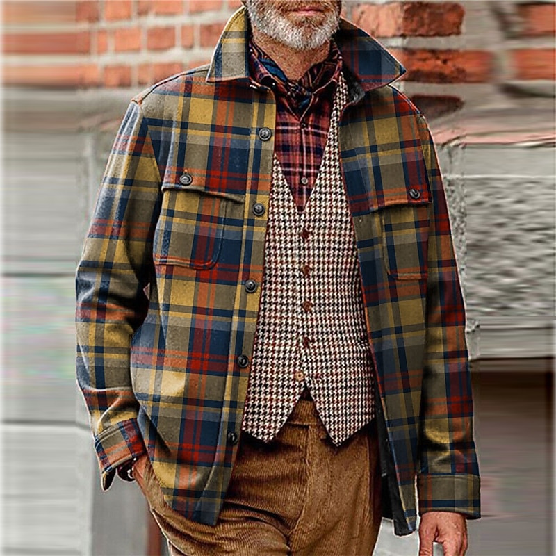 Men's Plaid Color Block Shirt Shirt Jacket Overshirt Long Sleeve Vintage Outdoor Street Casual Daily Fall & Winter Turndown Buttons Pocket Print Green khaki