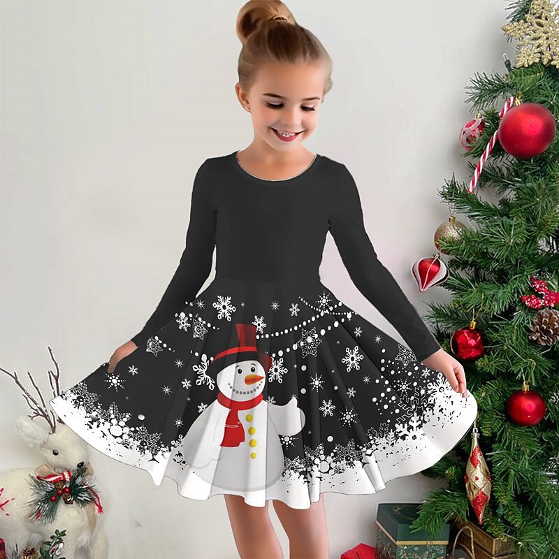 Girls' 3D Santa Claus Snowman Snowflake Christmas Dress Dress Snowflake Dress Long Sleeve 3D Print Fall Winter Vacation Sports & Outdoor Daily Cute Casual Beautiful Kids 3-12 Years Casual Dress A3