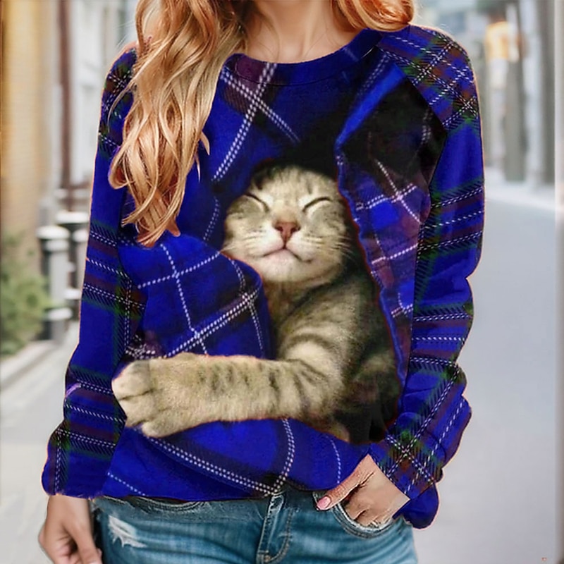 Women's Pullover  Sweatshirt  Plaid Cat Casual Sportswear Festival Round Neck Long Sleeve Top Micro-elastic Fall & Winter4