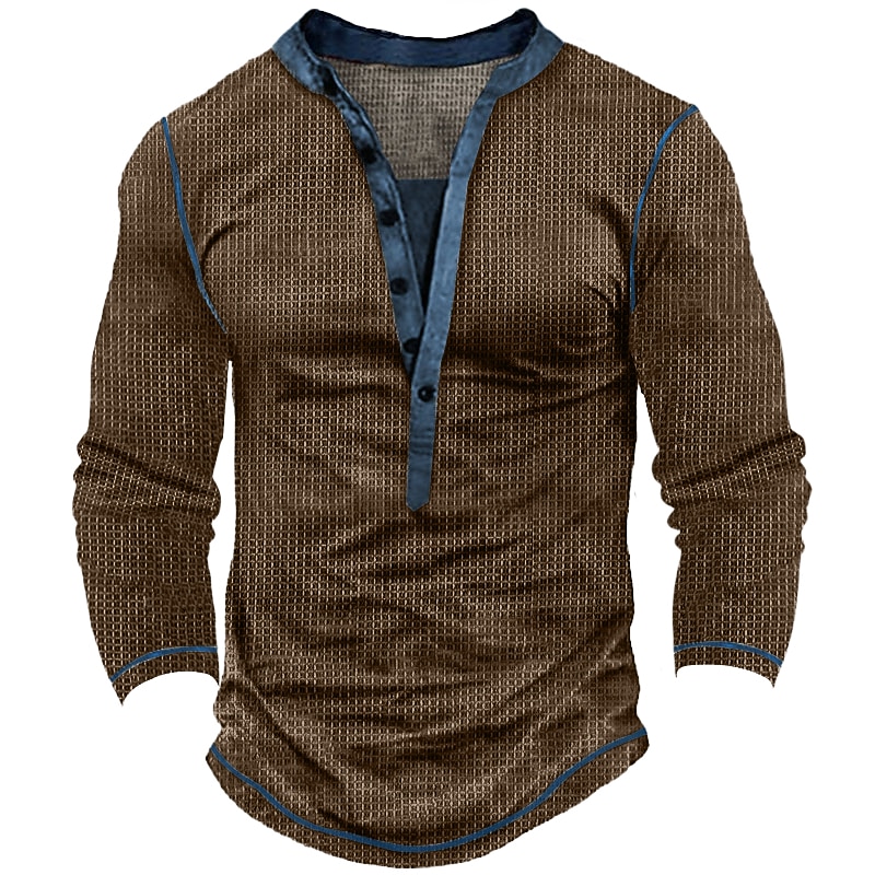 Men's Waffle Tee Button T Shirt T Shirt Waffle Henley Shirt Long Sleeve Henley Spring &  Fall Color Block Vintage Designer Basic Patchwork Vacation Street Going out Brown khaki Light Grey Top Tee for4