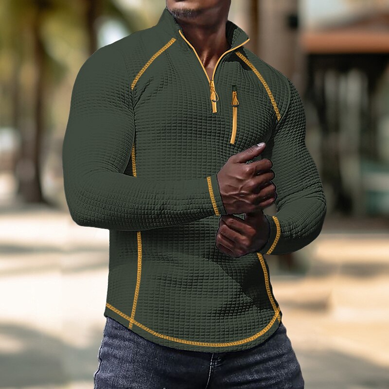 Men's Waffle Tee Waffle Shirt T Shirt Tee Top Long Sleeve Standing Collar Spring &  Fall Color Block Fashion Designer Basic Quarter Zip Vacation Street Going out Black White Navy Blue Top Tee for Men3