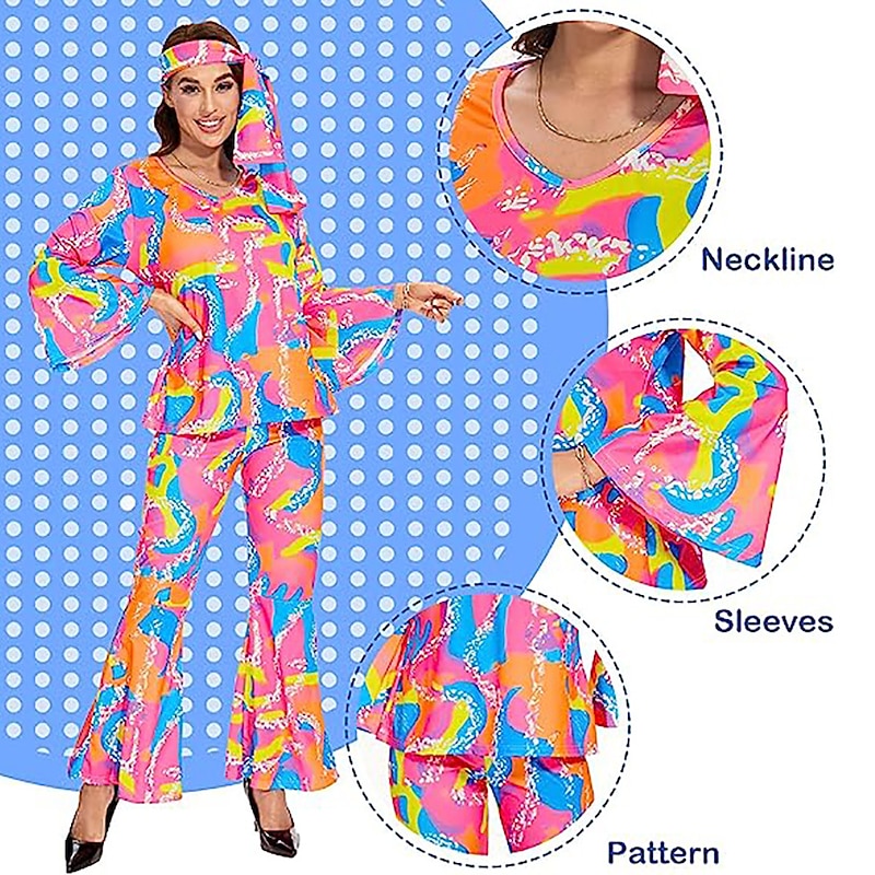 1980s Hot Pink Hippie Outfits  Abba Costume Flared Trousers 3 PCS Shirt Bell Bottoms Pants Doll Women's Cosplay Costume Masquerade Party Halloween Daily2