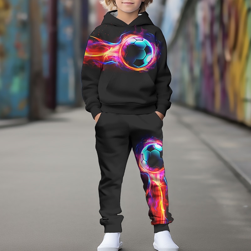 Boys 3D Football Hoodie & Sweatpants Set Set Long Sleeve 3D Printing Fall Winter Active Fashion Cool Kids 3-12 Years Outdoor Vacation Street Regular Fit3