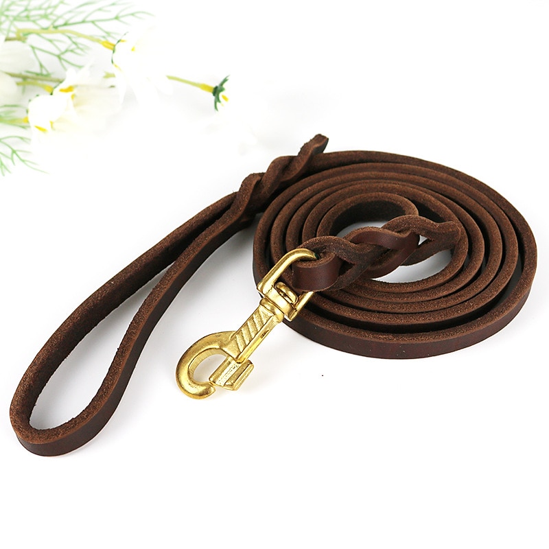 Copper Hook Pet Cowhide Traction Rope For Dogs Medium To Large Size Leather Dog Chain Gold Fur Soft Cowhide Dog Traction Rope2