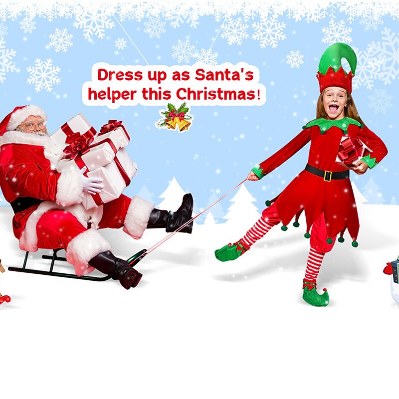 Elf Fancy Christmas Dress Santa Suits Cosplay Costumes Women's Girls' Christmas Kid's Adults' Christmas New Year Christmas Eve Dress Socks Hat Costume3