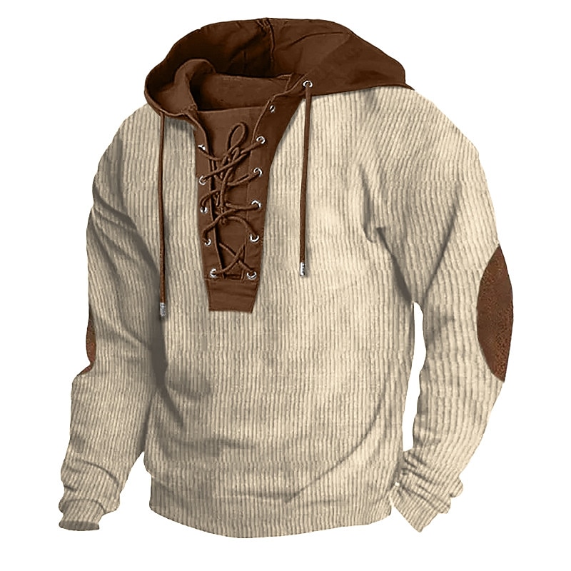Men's Hoodie Army Green Navy Blue Brown Khaki Hooded Color Block Lace up Patchwork Ribbed Sports & Outdoor Daily Holiday Corduroy Streetwear Cool Casual Spring &  Fall Clothing Apparel Hoodies