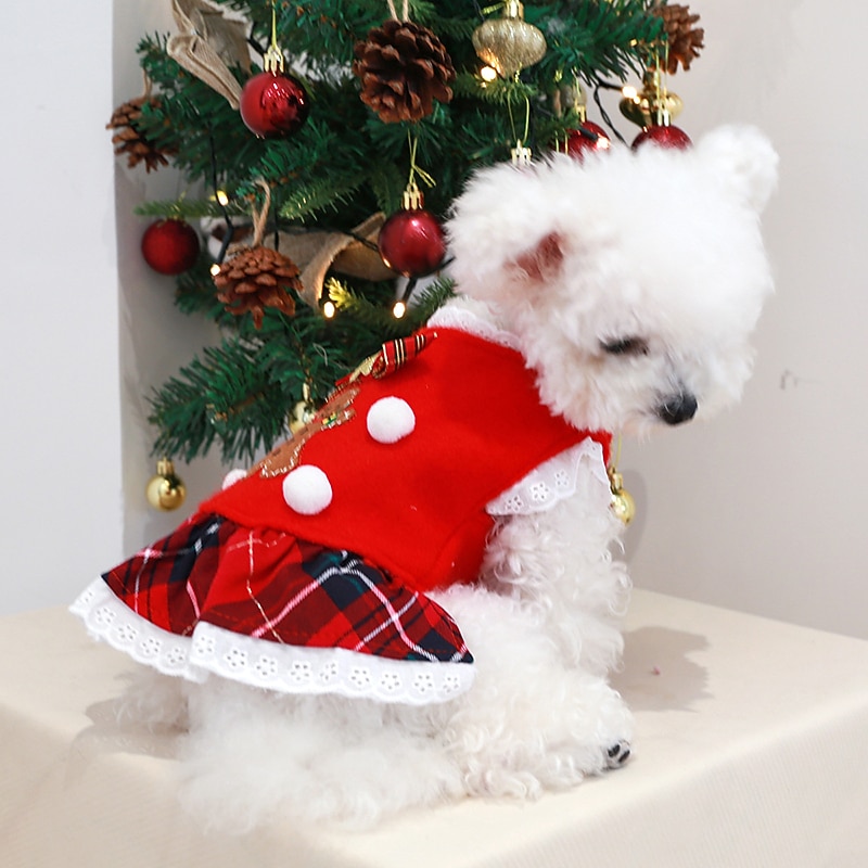 Dog Christmas Outfit Pet Circle Christmas Series Gingerbread Man Red Plaid Skirt Cute Outdoor Liveliness