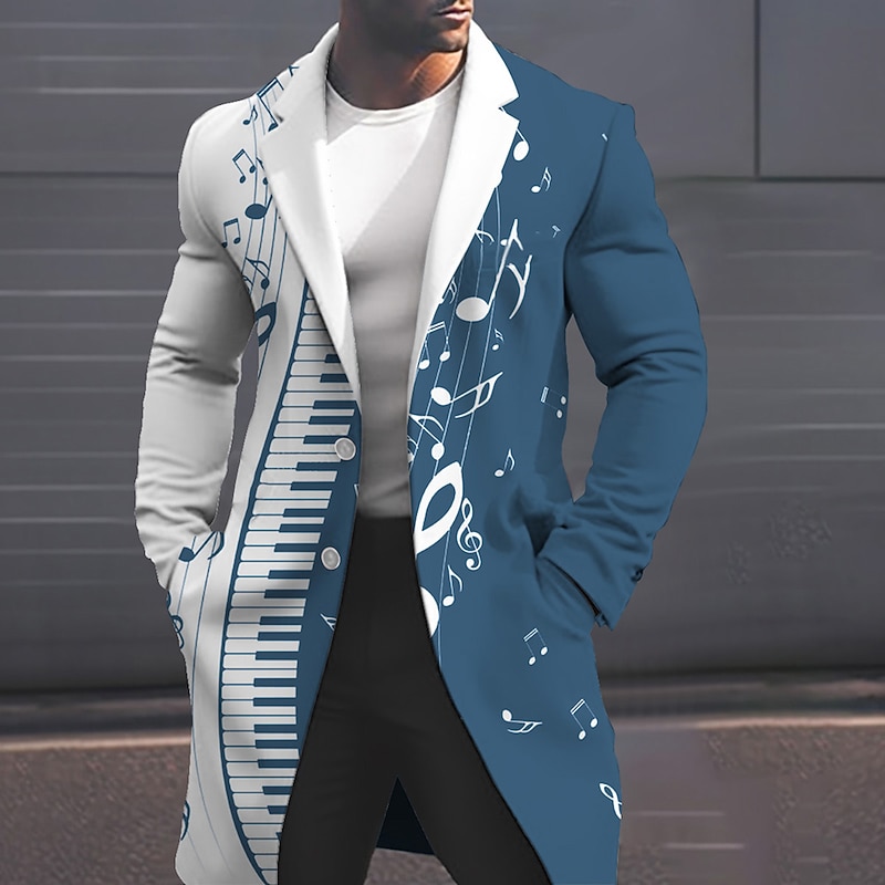 Men's Musical Notes Winter Coat Overcoat Coat Warm Comfortable Breathable Fashion Streetwear Business Work Wear to work Going out Pocket Print Fall & Winter Turndown Long Sleeve Black White Sky Blue2