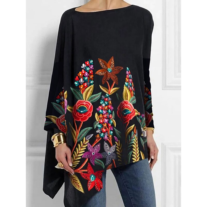 Women's Blouse Long Sleeve Tunic Tops Floral Fashion Off Shoulder Regular Tops Holiday Weekend Print Asymmetrical Black Yellow Red Spring &  Fall - Main Image