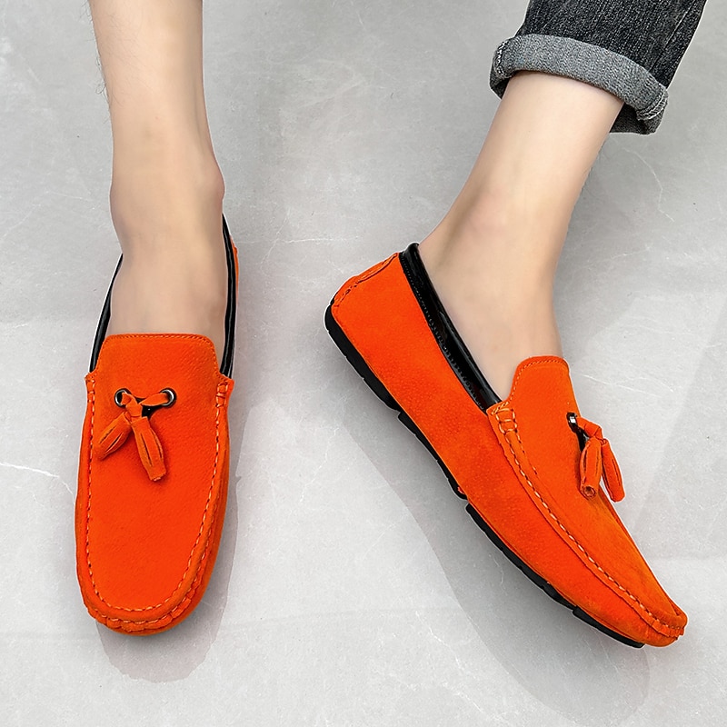 Men's Orange and Blue Suede Driving Loafers with Tassel Detail and Non-Slip Rubber Sole - Stylish and Comfortable for Casual and Driving Wear4