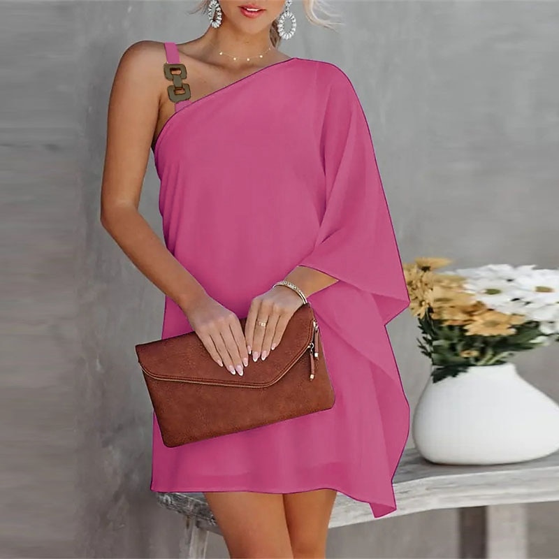 Women's Shift Dress Mini Dress Black White Fuchsia Long Sleeve Pure Color Cold Shoulder Summer Spring Fall One Shoulder Fashion Summer Dress Weekend Loose Fit 2023 S M L XL XXL3