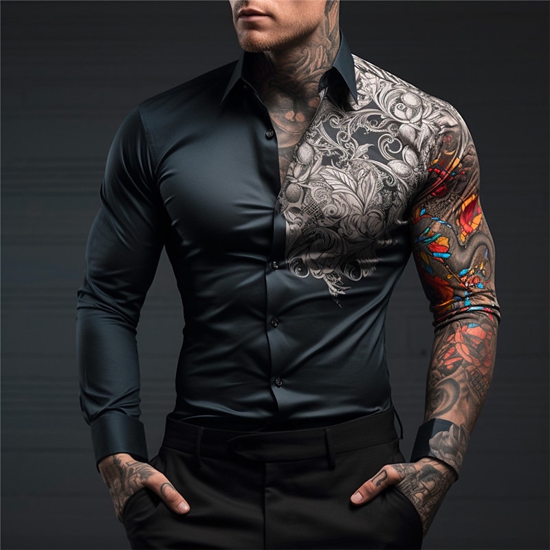 Men's Shirt Button Up Shirt Long Sleeve Casual Outdoor Street Casual Daily Fall & Winter Turndown Buttons Print Black Blue Dark Blue Gray4