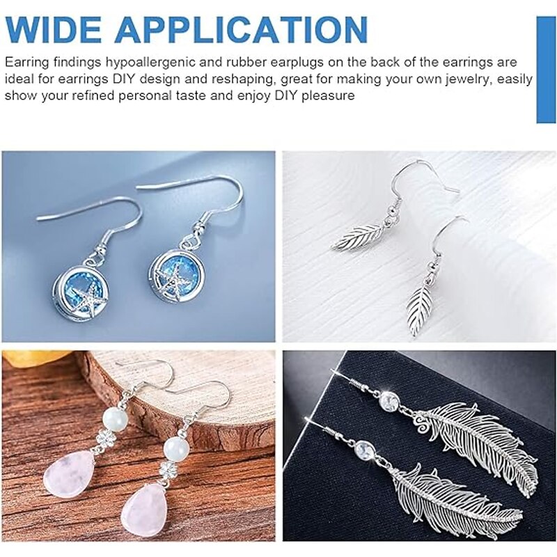 Sterling Silver Earring Hooks 100 PCS/50 Pairs Ear Wires Fish Hooks Hypo-allergenic Jewelry Findings Parts with 100 PCS Clear Silicone Earring Backs3