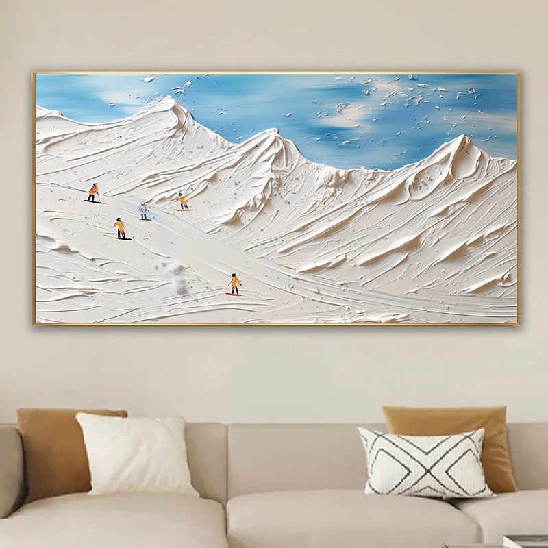 Original White Snow Skiing Painting on Canvas Hand-painted Mountain Art Texture Wall Art Personalized Gift horizontal canvas wall art No Frame3