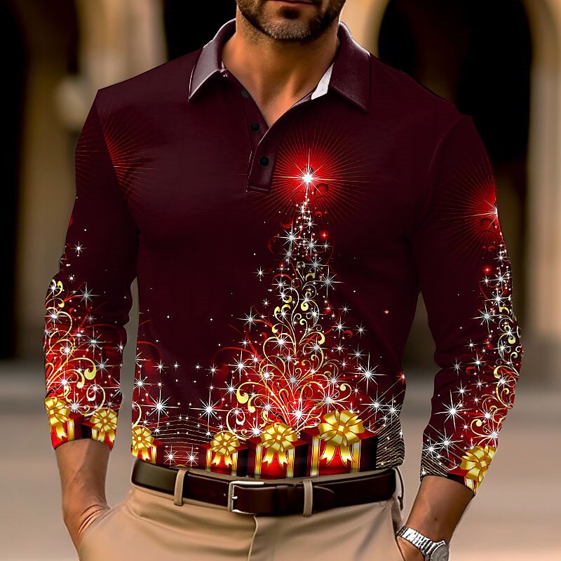 Christmas Men's Christmas tree 3D Polo Tree Casual Golf Long Sleeve Outdoor Casual Daily Streetwear Fall & Winter 3D Print Turndown Wine Blue Dark Green Micro-elastic Polyester3