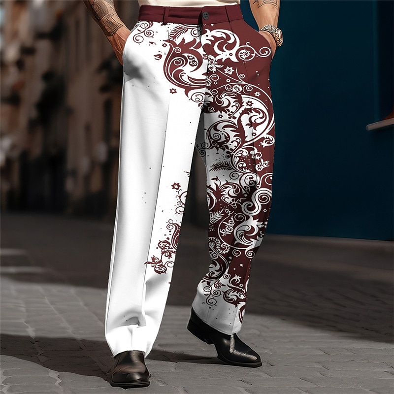 Floral Vintage Business Men's 3D Print Pants Trousers Outdoor Street Wear to work Polyester Wine Black Navy Blue S M L High Elasticity Pants3