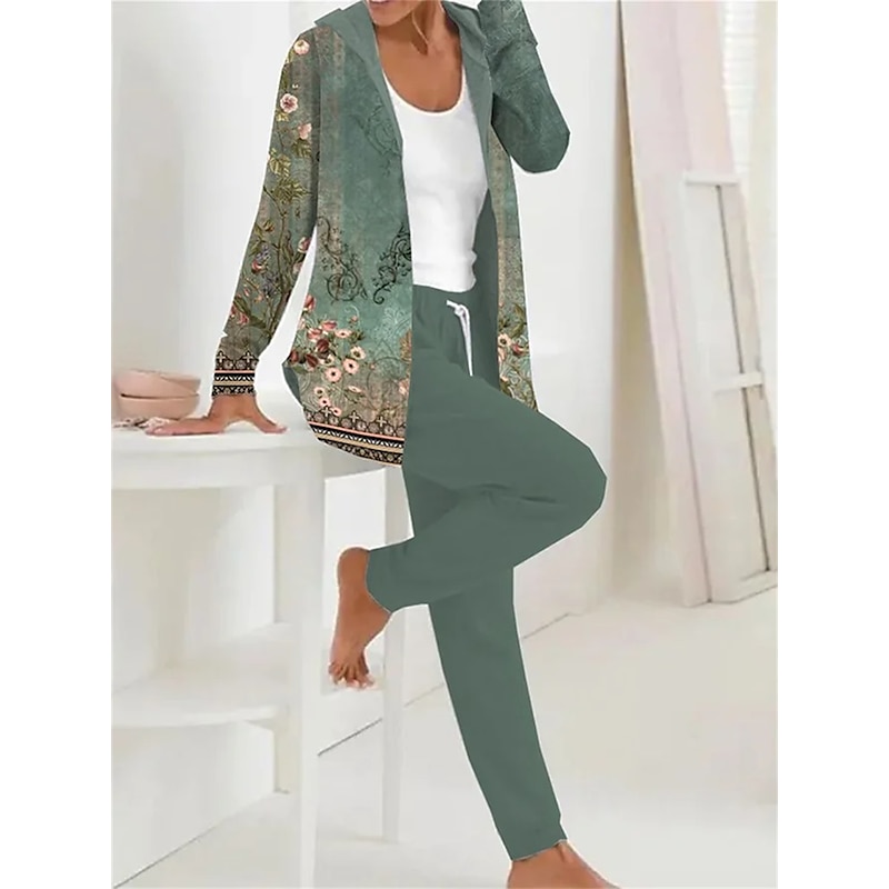 Women's 2 Pieces Hoodie Tracksuits Active Daily Pants Sets Pants Trousers Long Sleeve Hooded Floral Drawstring Print Outdoor Casual White Pink Dark Navy Fall & Winter Regular Fit