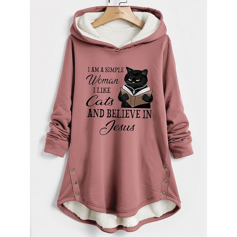 Women's Hoodie Sweatshirt Pullover Fleece Lined Warm Pajamas Sherpa Cat Letter Casual Sports Button Print Front Pocket Warm Fuzzy Long Sleeve Top Micro-elastic Fall Winter Breathable Soft Fabric