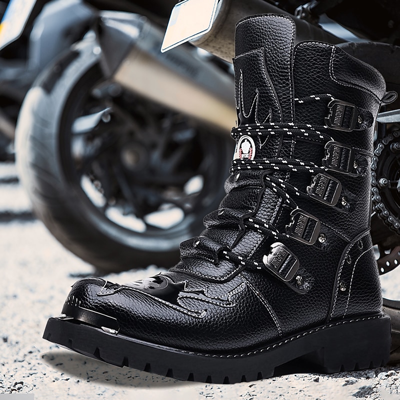 Men's Black Faux Leather Buckled Motorcycle Boots - Rugged and Durable Biker Footwear for Riding and Outdoor Adventures