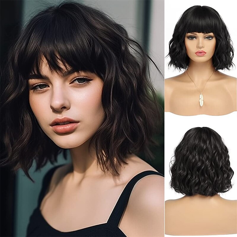 Short Black Bob Wig With Bangs Synthetic Natural Hair Wigs for Women Wavy Shoulder Length Wig Water Wave(12 Inches)
