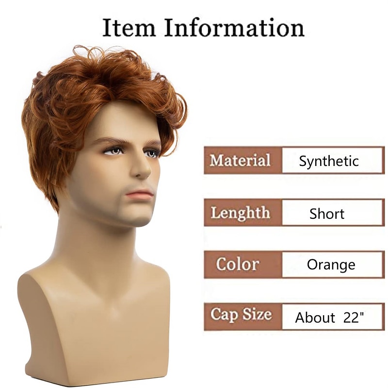 Men Wigs Short Orange Wig Synthetic Heat Resistant Natural Halloween Cosplay Hair Wig Christmas Party Wigs3