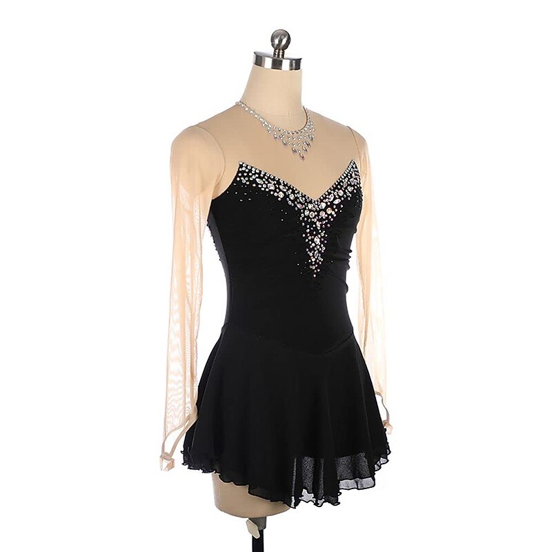 Figure Skating Dress Women's Girls' Ice Skating Dress Black Stretchy Training Competition Skating Wear Thermal Warm Crystal / Rhinestone Long Sleeve Ice Skating Figure Skating4