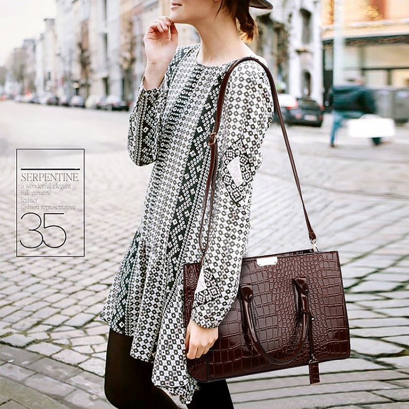 Women's Black Patent Leather Crocodile Pattern Handbag with Shoulder Strap - Elegant Office Tote Bag for Formal Occasions2