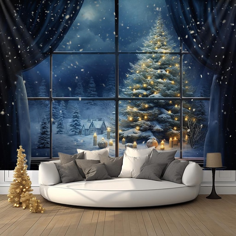 Christmas Decorations Christmas Tree Winter Hanging Tapestry Wall Art Xmas Large Tapestry Mural Decor Photograph Backdrop Blanket Curtain Home Bedroom Living Room Decoration Snow Window View