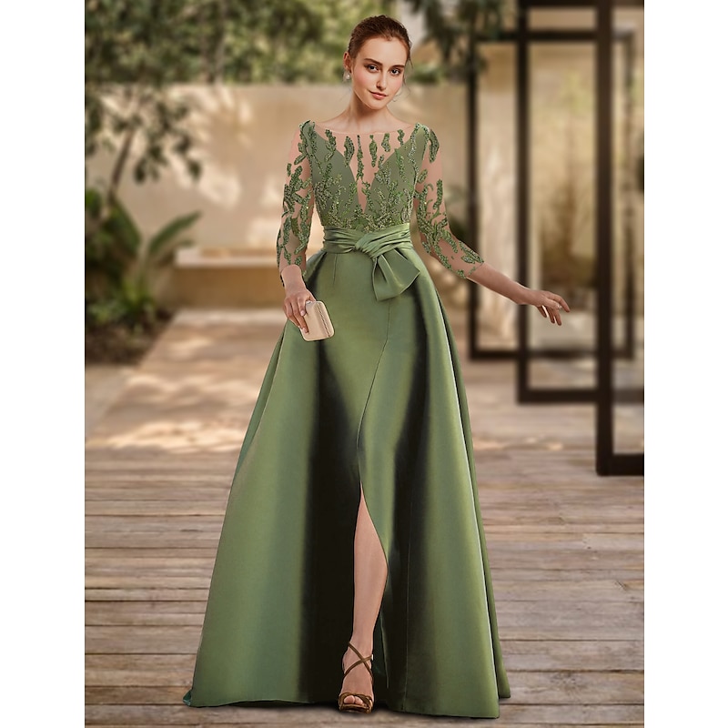 A-Line Evening Gown Open Back Dress Formal Wedding Guest Floor Length 3/4 Length Sleeve Scoop Neck Lace with Slit Strappy