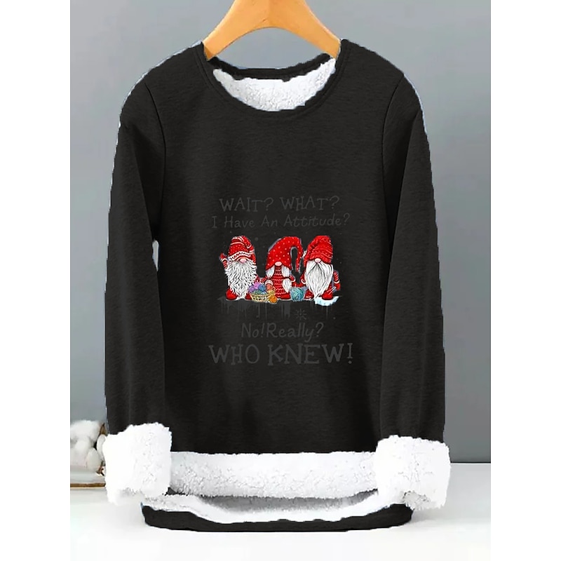 Women's Pullover Sweatshirt Sherpa Fleece Lined Letter Gnome Warm Fuzzy Black Blue Casual Sports Round Neck Long Sleeve Top Micro-elastic Fall & Winter Comfrt Breathable Soft Fabric4