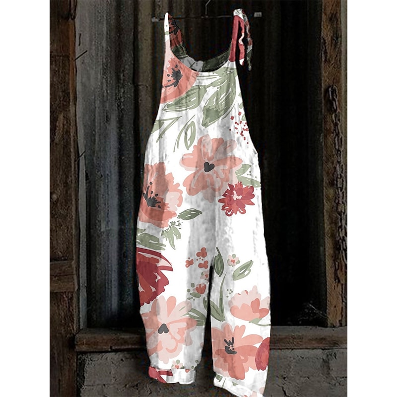 Women's Overall Floral Active Going out Weekend Straight Loose Fit Strap White Pink Red S M L Spring3