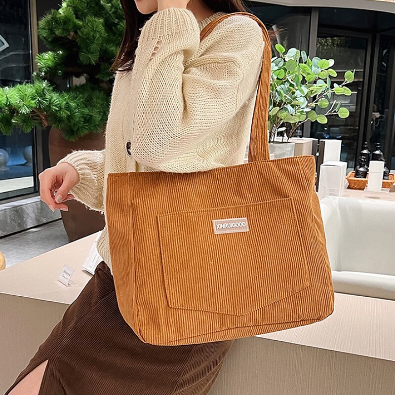 Women's Tote Shoulder Bag Hobo Bag Corduroy Outdoor Shopping Daily Large Capacity Lightweight Durable Solid Color Black White Brown3