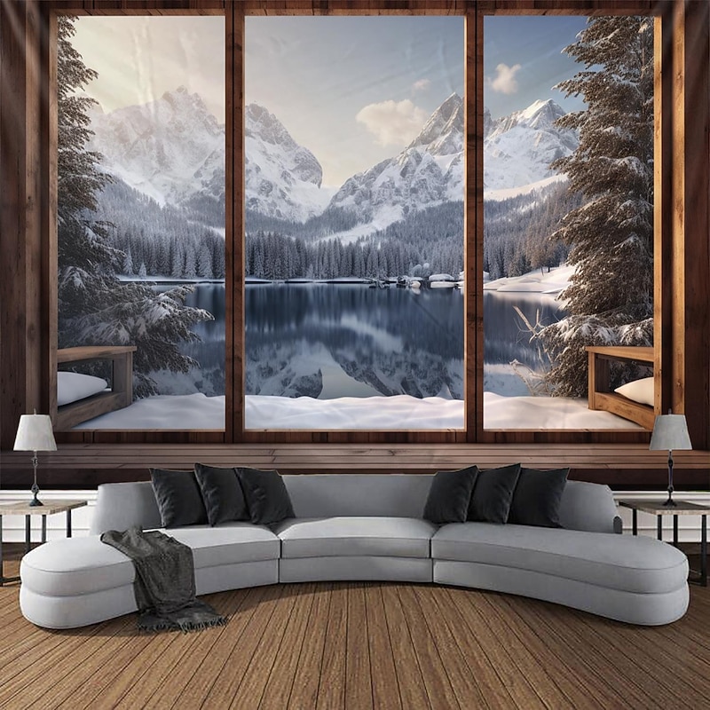 Window Snow Mountain Hanging Tapestry Wall Art Large Tapestry Mural Decor Photograph Backdrop Blanket Curtain Home Bedroom Living Room Decoration4
