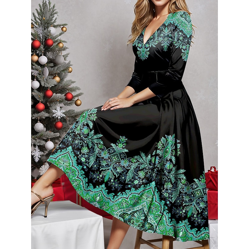 Women's Midi Dress Winter Dress Swing Dress Semi Formal Dress A Line Dress Fashion Streetwear Modern Formal Outdoor Vacation Regular Fit Floral Tribal 3/4 Length Sleeve V Neck Blue Purple Fuchsia Gold4