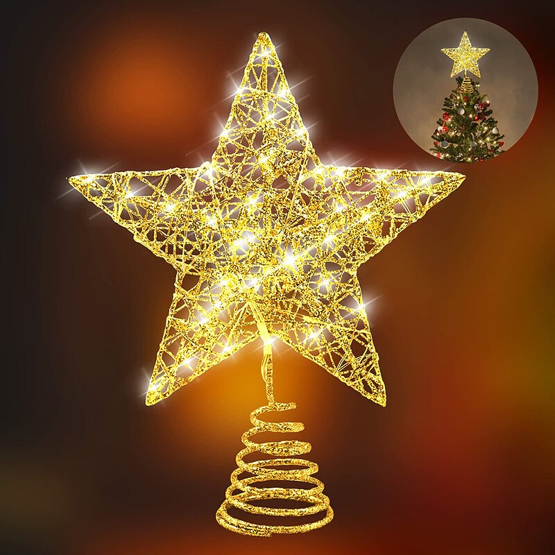 Wrought Iron Pentagram for Christmas Tree Decoration Cotton Thread Powdered Tree Top LED Light-Emitting Xmas Tree Decoration Tree Top Star