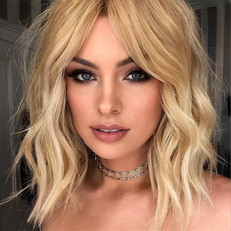 Blonde Bob Wigs for WomenSynthetic Wavy Curly Hair Wig with Bangs for Daily Use - Main Image