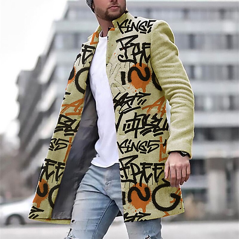 Men's Winter Coat Overcoat Coat Daily Wear Vacation With Pockets Print Front Pocket Fall & Winter Letter Streetwear Sport Turndown Regular Yellow Blue Purple Green khaki Jacket2