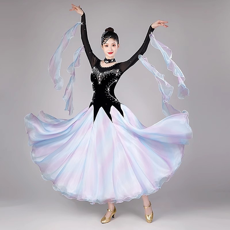 Ballroom Dance Dress Splicing Crystals / Rhinestones Women's Performance Party Long Sleeve Mesh Tulle Velvet