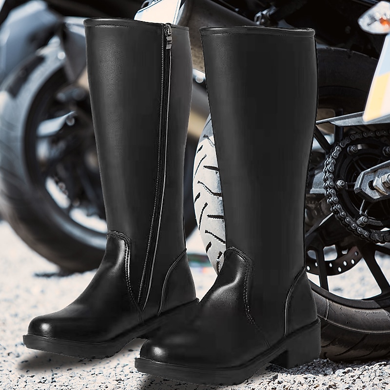 Men's Black Faux Leather Motorcycle Boots with Side Zipper, Classic Knee-High Riding Boots for Biker and Casual Wear