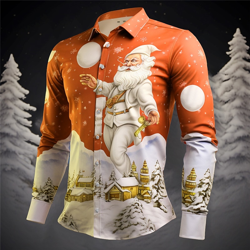Christmas Men's Santa Claus Printed Shirts Santa Claus Casual Outdoor Street Fall & Winter Turndown Long Sleeve Red Orange Green S M L Shirt2