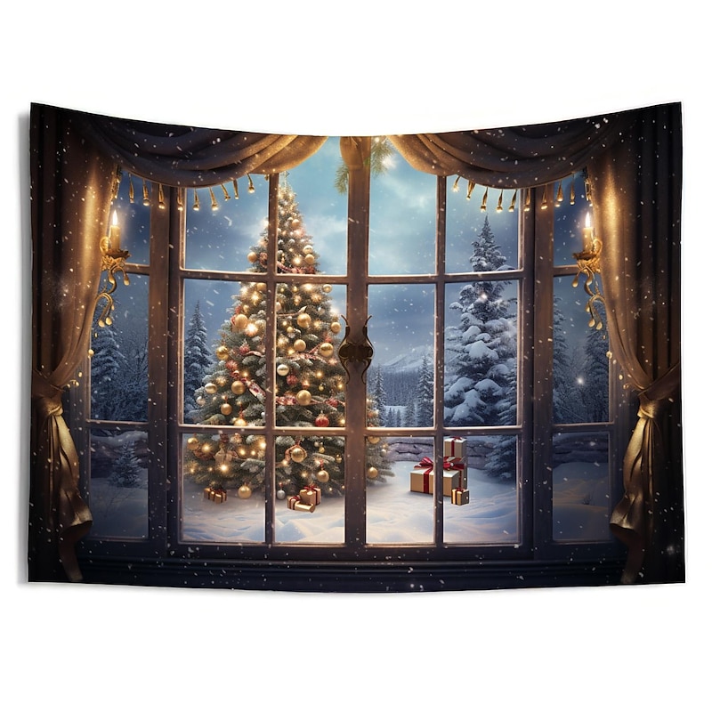 Christmas Decorations Christmas Tree Winter Hanging Tapestry Wall Art Xmas Large Tapestry Mural Decor Photograph Backdrop Blanket Curtain Home Bedroom Living Room Decoration Snow Window View 12